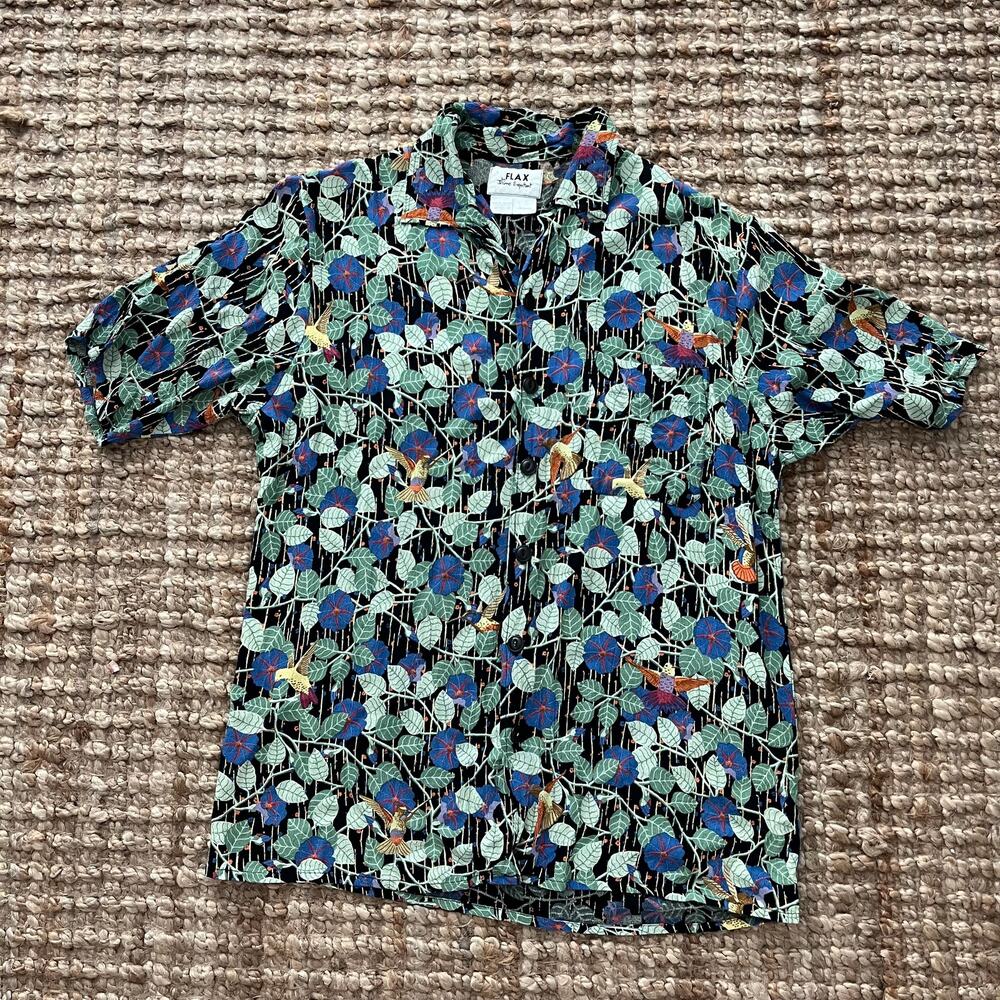 Vintage FLAX Jeanne Engelhart Cabana Shirt M Tropical Bird Floral Rayon Resort